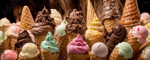 Ice cream cones with chocolate, vanilla and strawberry flavors on black background.