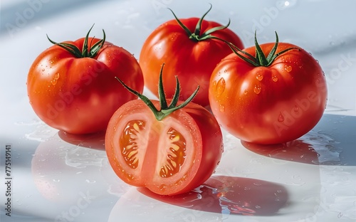 A vibrant 3D image of four vibrant large red tomatoes on a clean white background. One of the tomatoes is artfully cut in half, revealing the bright red flesh inside © Vorenza