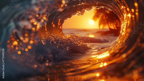 a tunnel of oean wave water with a setting sun in the distance with fondal photo