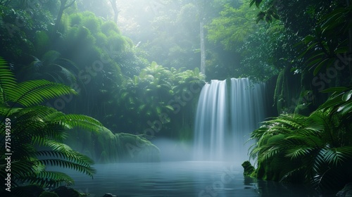 Captivating jungle waterfall with lush greenery and misty water in ultrarealistic high resolution © RECARTFRAME CH