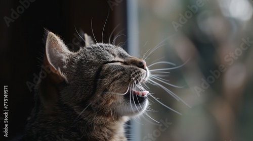 a cat is looking out a window and yawning with its mouth open