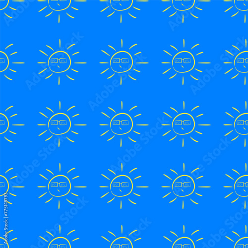 The sun in sunglasses rests in the summer. Nice summer vibe pattern. Blue end yellow. Textile texture, print, web