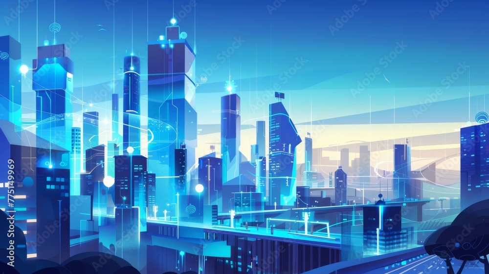 Futuristic cityscape with smart infrastructure, visualizing the integration of IoT devices in urban life no dust