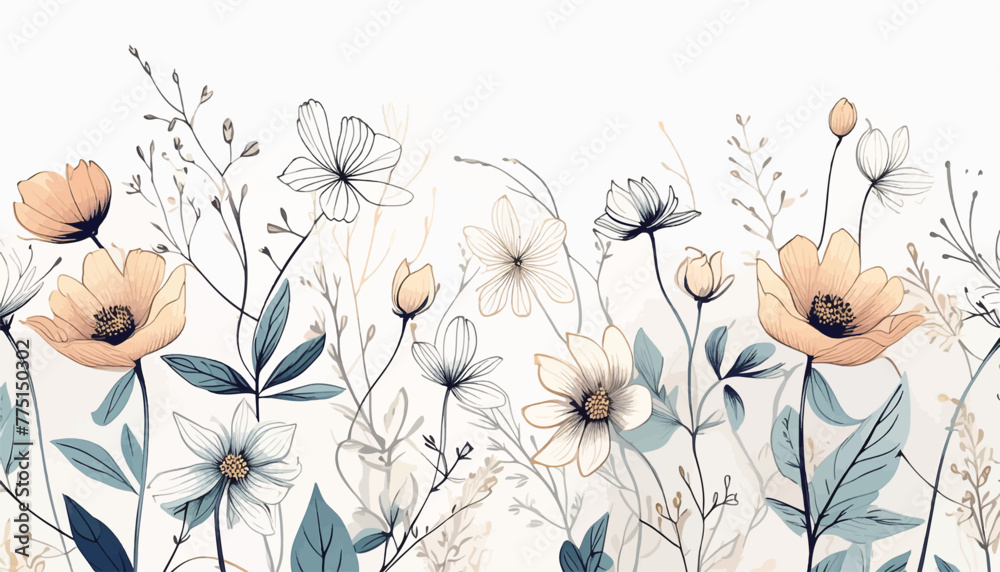 Chic Botanical Backdrop Featuring Stylish Wildflowers and Minimalist Blooms: Perfect for Wall Décor or Weddings. Hand-Drawn Herb and Elegant Leaves for Invitations or Save the Date Cards. Embrace the 