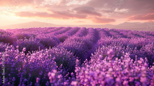 High angle view of a blooming lavender field, calming, natural palette, desktop wallpaper