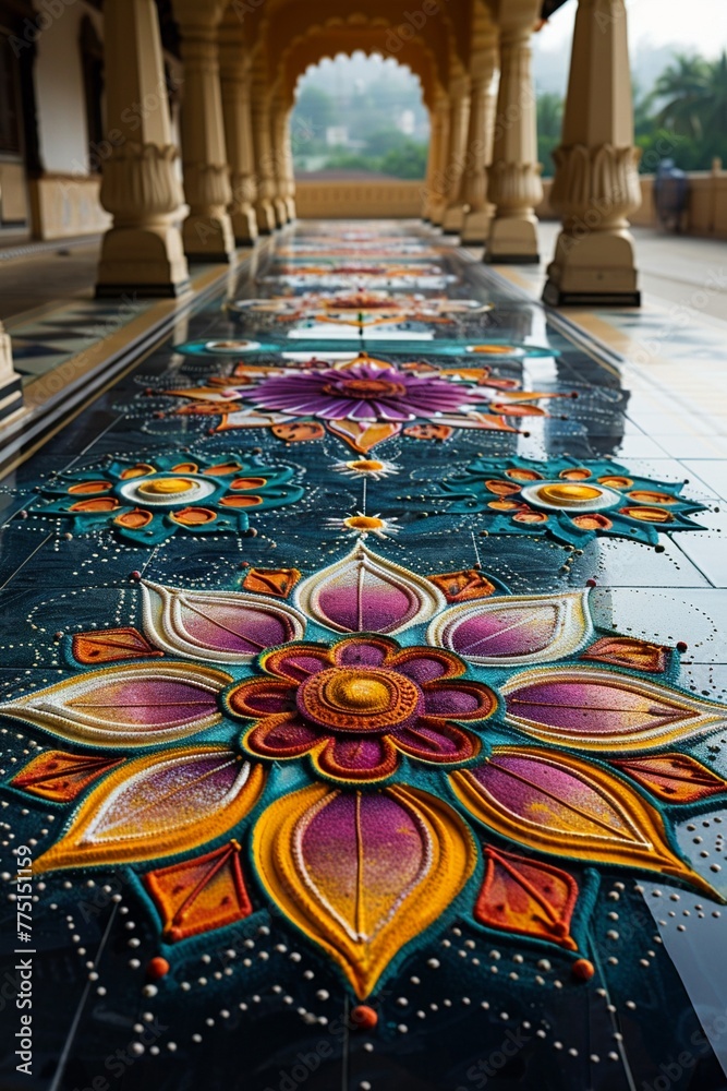 Colorful Hindu Festival Rangoli Blurring into Artistic Devotion