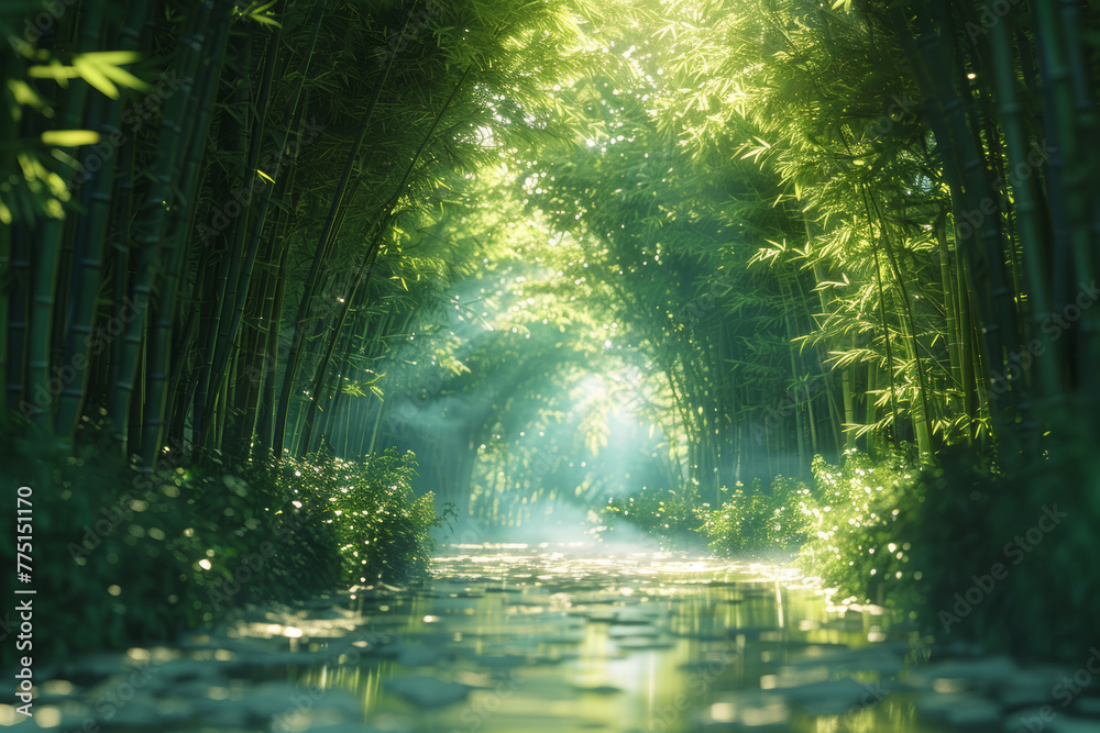 Obraz premium A dense bamboo grove creating a serene labyrinth of greenery, illustrating the resilience and versatility of bamboo in nature. Concept of bamboo as a versatile plant. Generative Ai.