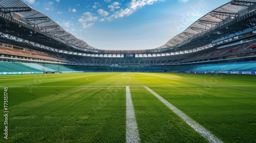 Space of an empty football stadium. Fan seats, stands. The building of a stadium for sports, sporting events, competitions, championships.