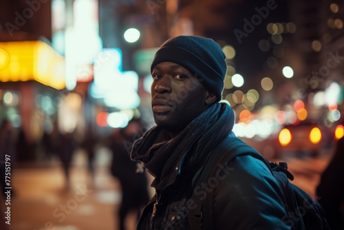 Portrait of a handsome african american man in the city at night.