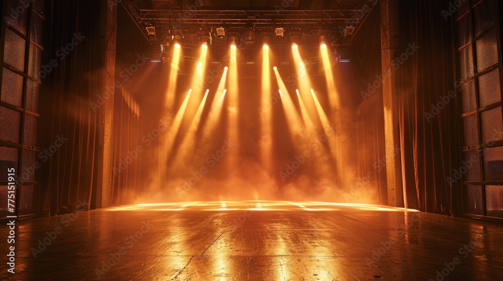 Concert empty stage with rays of light from spotlights. Dancing area, night club, bright neon colors. Stage for events with clouds and fog.