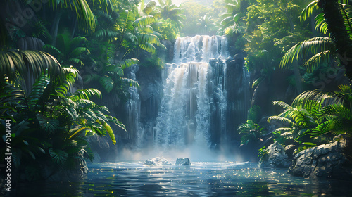 A majestic waterfall hidden deep within a lush jungle  its cascading waters creating a natural symphony