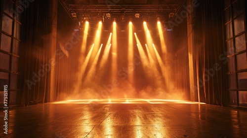 Concert empty stage with rays of light from spotlights. Dancing area, night club, bright neon colors. Stage for events with clouds and fog.