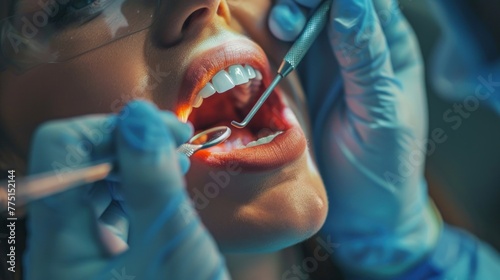 Concept of dental servicing, teeth, prosthetics. Advertising background for dentists, medical clinics. photo