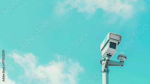 camera for security purposes ,IP Camera on the wall. security camera on the wall ,CCTV security cameras on pole on blue sky with white clouds background 