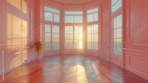 A sunlit empty room with a large bay window and a soft peach-colored wall.