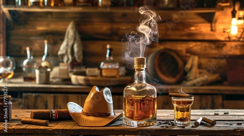 bottle of whiskey on a wooden bar next to a hat