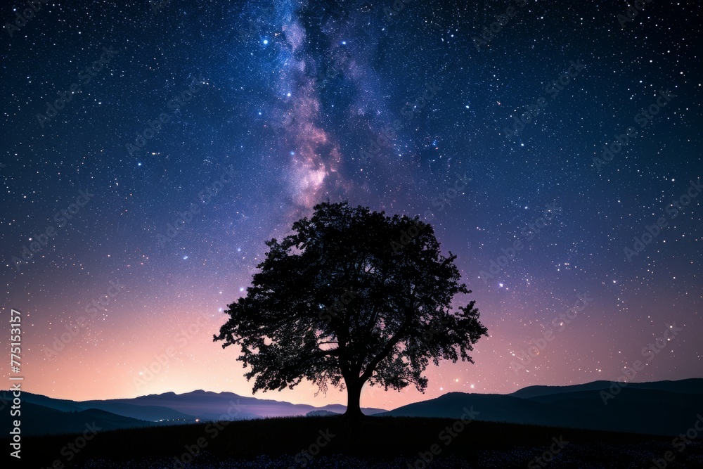 Silhouetted Tree Against Starry Night Sky and Milky Way