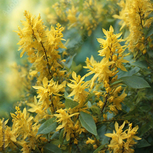 Natural Forsythia Flowers With Dreamy Green Foliage Background (ID: 775153123)
