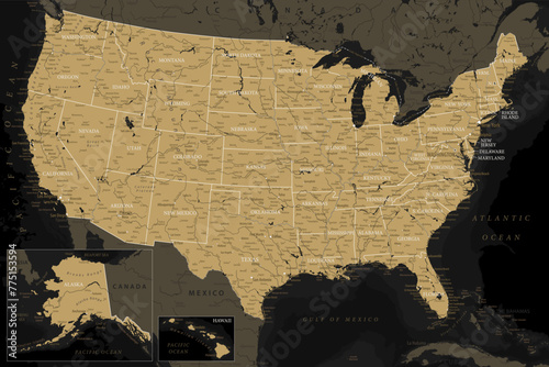 United States - Highly Detailed Vector Map of the USA. Ideally for the Print Posters. Black Golden Retro Style