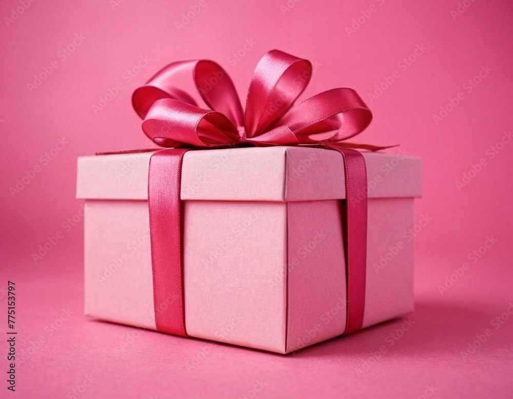 Gift box with pink ribbon on a pink background, close up. Gift box with pink ribbon on a pink background, close up.
