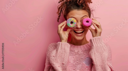 Whimsical Cupcake Eyes: Joyful Woman Celebrating International Children's Day with Playful Pastries