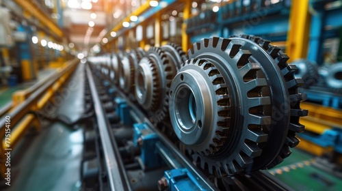 A row of machine gears on a factory assembly line