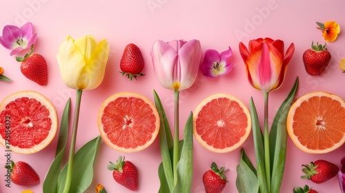 LGBTQ Pride Month-inspired flat lay of colorful tulips and citrus fruit  reflecting diversity with a fresh  vibrant aesthetic on a pink surface