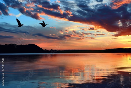 Twilight Glow Over Water with Birds in Flight © Ilia Nesolenyi