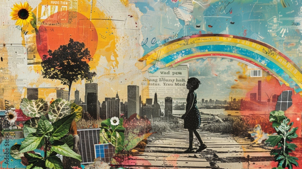 Fototapeta premium Visual narrative on eco-awareness, with rainbows and solar panels, highlighting sustainable choices