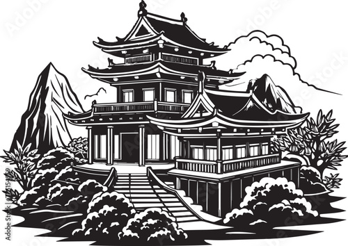 Japanese architecture. Hand drawn vector illustration

