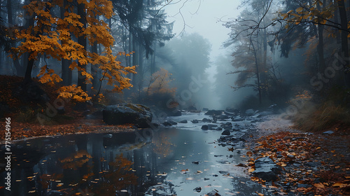 A misty morning in the autumn forest