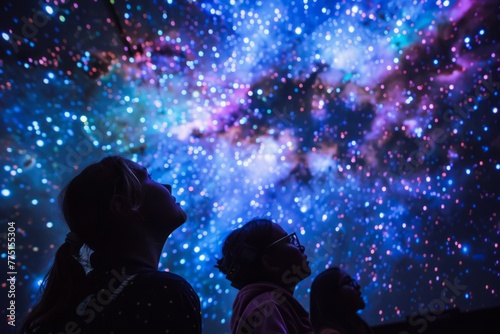 Visitors Admiring Cosmic Light Display in Planetarium