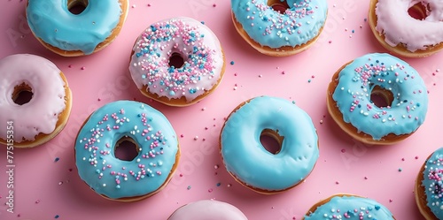 Milk-infused blue donuts in a minimalist tribute for World Milk Day: Soft pastel hues encircling a pristine frame for serene celebrations