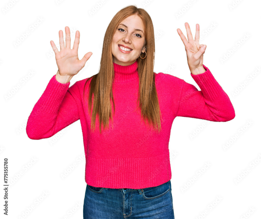 Young irish woman wearing casual clothes showing and pointing up with fingers number eight while smiling confident and happy. Young irish woman wearing casual clothes showing and pointing up with fingers number eight while smiling confident and happy.