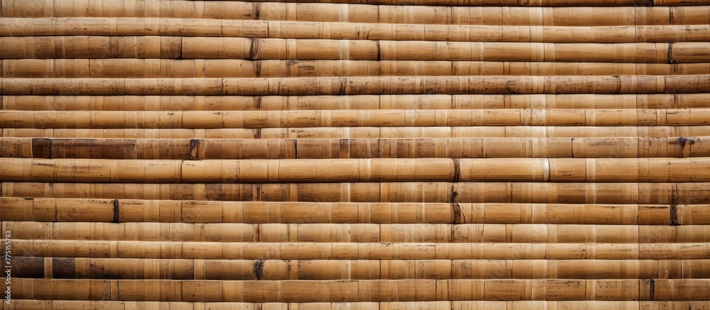 Fototapeta premium Close-up view of a bamboo wall featuring a multitude of wooden sticks closely woven together for a textured appearance