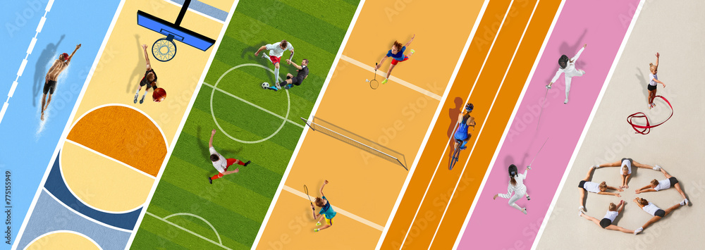 Creative colorful collage. Aerial view on athletes of different sports training, competing on different sports backgrounds, arenas. Concept of sport, creativity, competition, tournament. - obrazy, fototapety, plakaty 