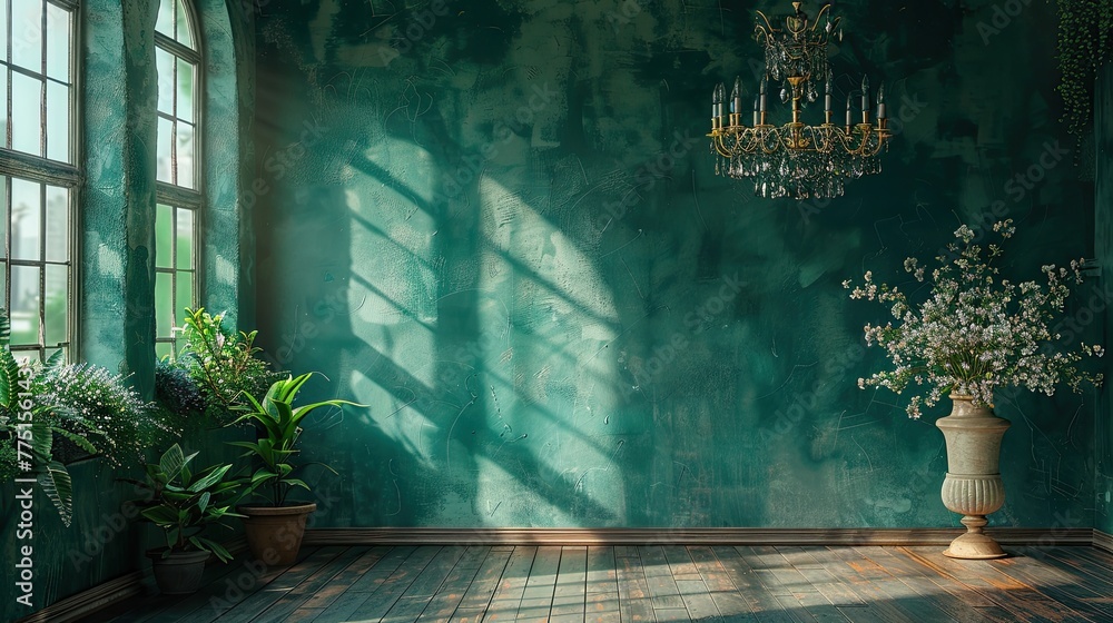 An empty room with a vintage chandelier and a rich emerald green wall. - obrazy, fototapety, plakaty 