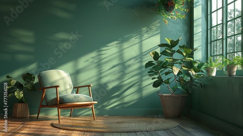 A calming green wall in an empty room with plush carpeting.