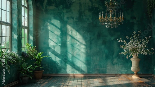 An empty room with a vintage chandelier and a rich emerald green wall. photo