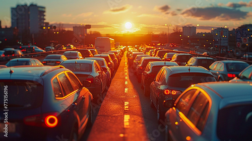 Rush hour chaos with cars bumper to bumper under a setting sun