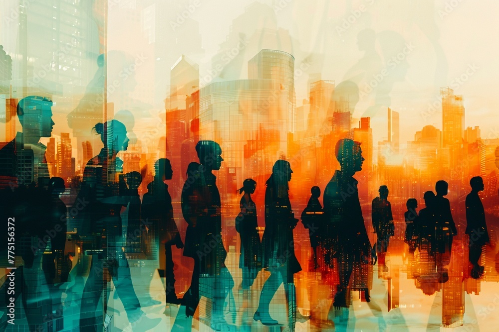 Illustration showing the silhouettes of business professionals in a double exposure with a bustling cityscape, representing the interplay of corporate life and urban settings.