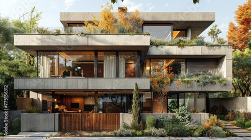 a gray two-story house nestled behind a protective fence, equipped with automatic sliding brown gates, the seamless integration of aesthetics and security in contemporary suburban architecture.