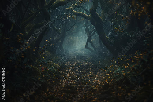 Mystical forest path, illuminated by glowing plants, surrounded by twisted, dark trees in a foggy atmosphere.