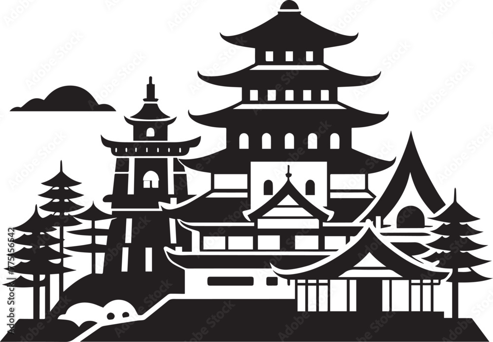 Naklejka premium Japanese architecture. Hand drawn vector illustration
