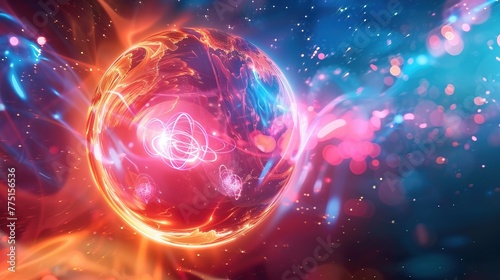 A vibrant digital artwork of an energy sphere with glowing orbits amidst a cosmic backdrop