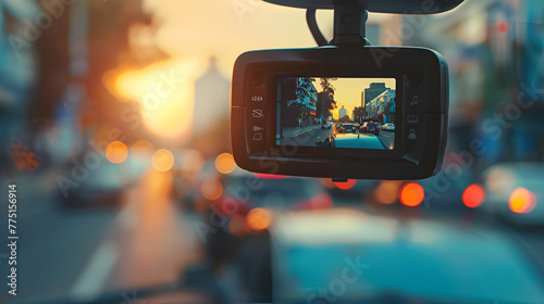 Car DVR Front camera car recorder ,CCTV car camera for safety on the road accident on abstract blurred bogey light of city in night background
 photo