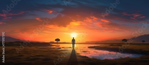 Natural sunset landscape with man standing looking silhouette sky