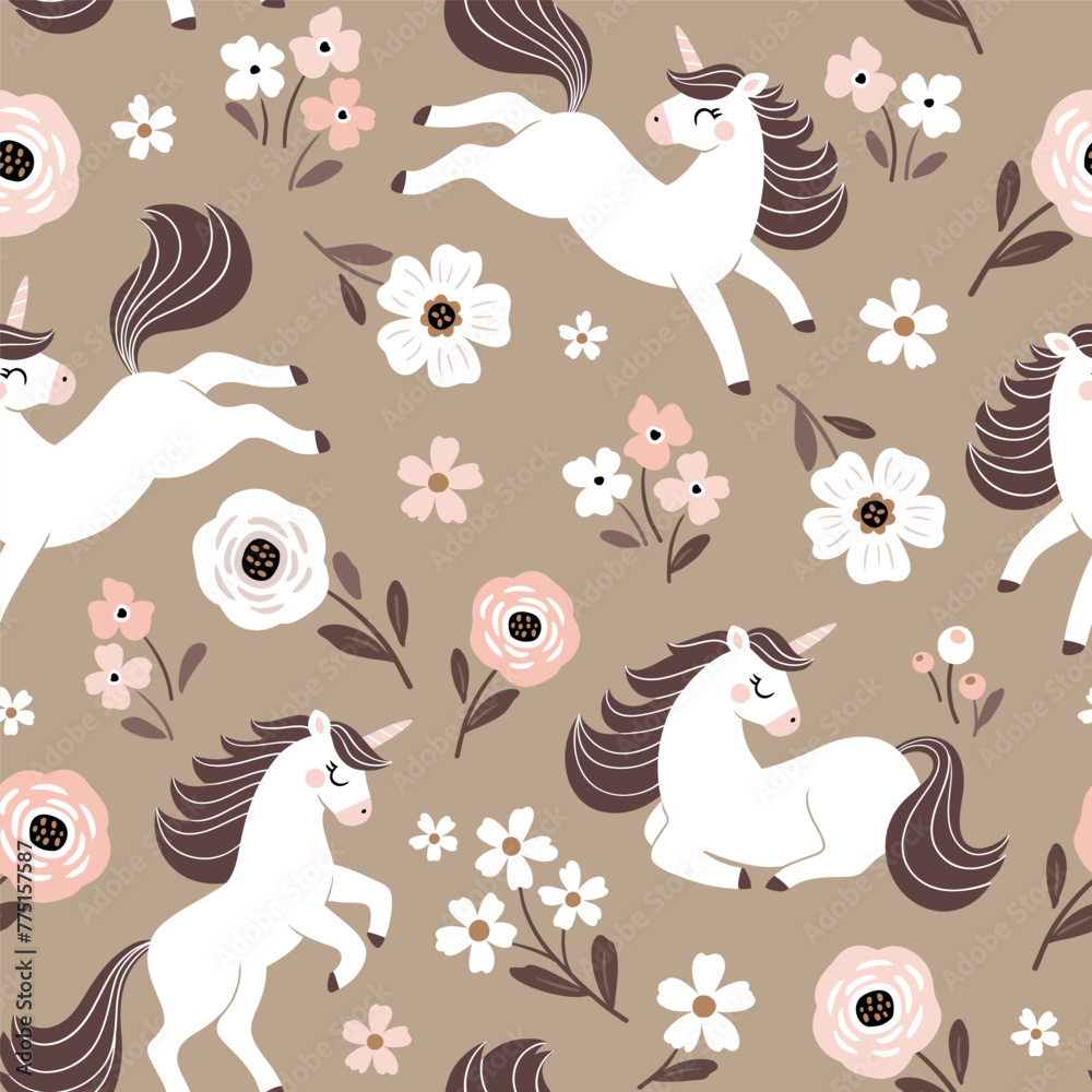 Seamless vector pattern with cute hand drawn unicorns on floral background. Perfect for textile, wallpaper or print design. Seamless vector pattern with cute hand drawn unicorns on floral background. Perfect for textile, wallpaper or print design.