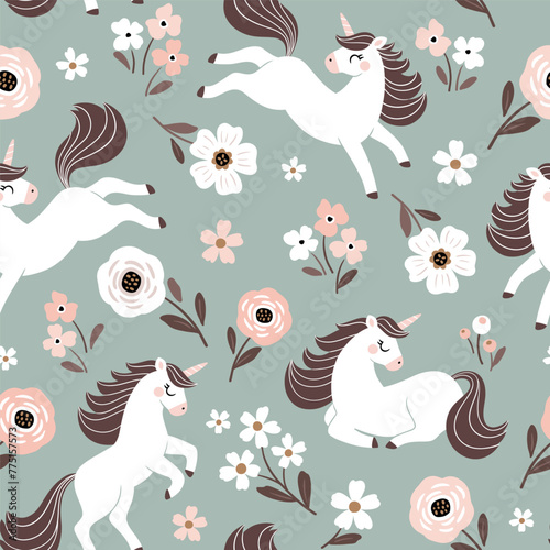 Seamless vector pattern with cute hand drawn unicorns on floral background. Perfect for textile, wallpaper or print design.