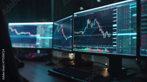 An analytical view of various stock market graphs and charts displayed across multiple computer monitors